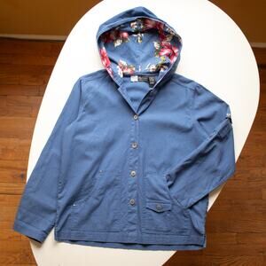 Vintage Floral Hooded Blue Button-up Light Utility Jacket